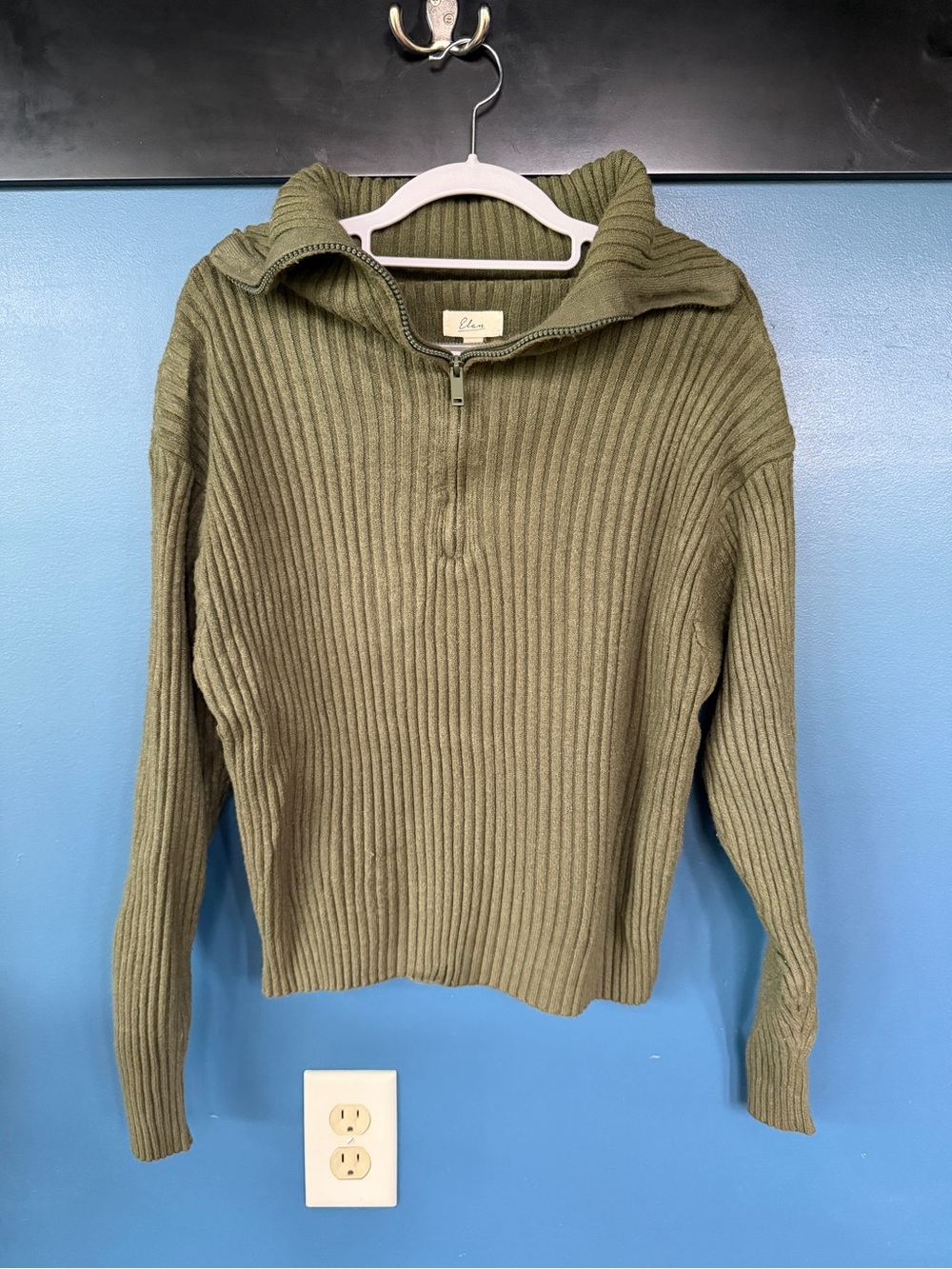 Elan Olive Green Ribbed Quarter Zip Viscose Blend Sweater M